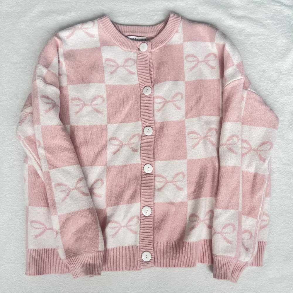 Sincerely Jules Pink & White Bow soft Button Up Sweater